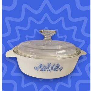 VTG Anchor Hocking Fire King #433 Blue Cornflower 1.5 qt Oval Casserole With Lid